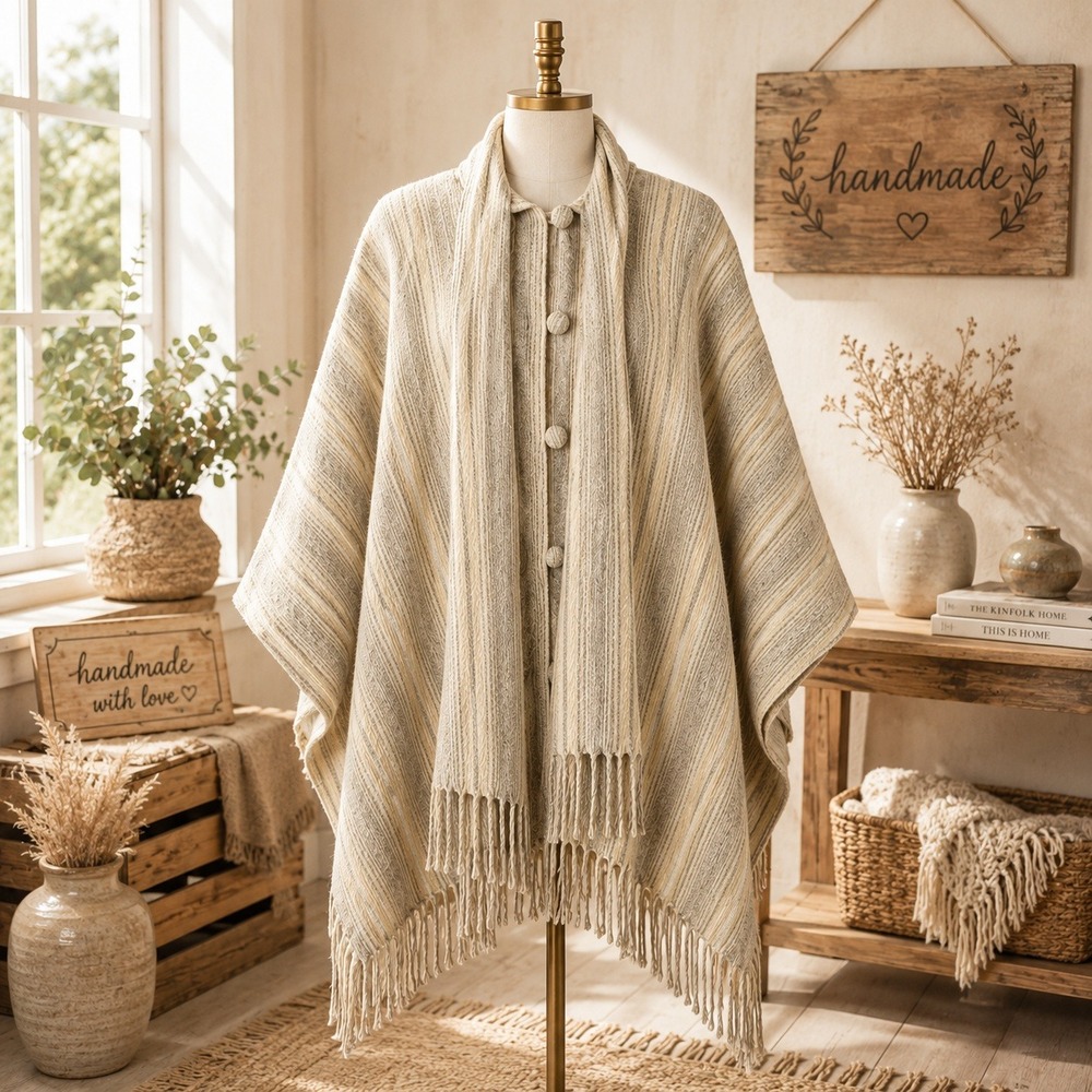 Vintage Wool Handmade Poncho Cape Striped Beige Button Fringe Shawl Wrap